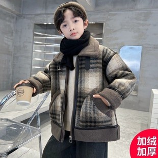 Boys' Winter Lamb Wool Jacket 2024 New Winter Fleece-Lined Thickened Cotton Coat for Older Children and Boys in Autumn and Winter