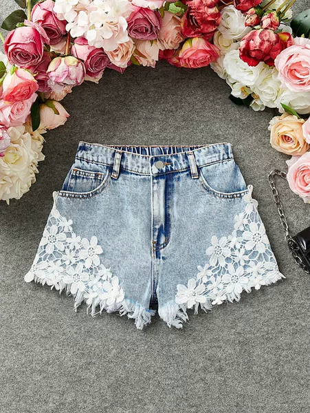 Cross-Border Supply Exclusively for European and American Amazon and Aliexpress: Lace-Trimmed Denim Shorts for Older Girls, in Stock
