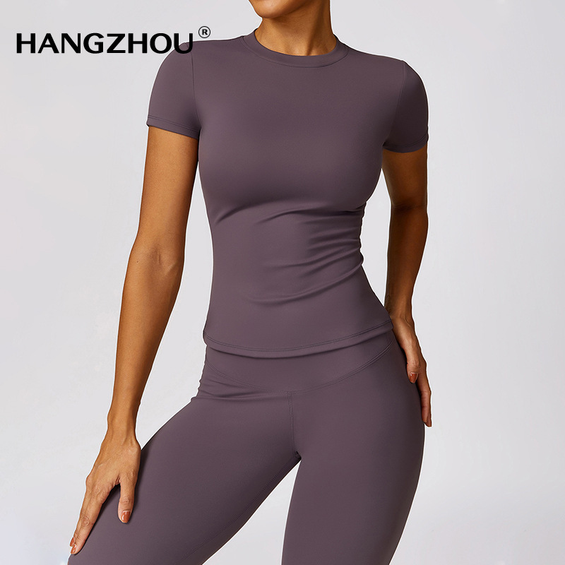 Casual Versatile Tight-Fitting Solid Color Yoga Short-Sleeve Quick-Dry Naked-Feel Fitness Top Slim-Fit Running Regular Shoulder Yoga Top