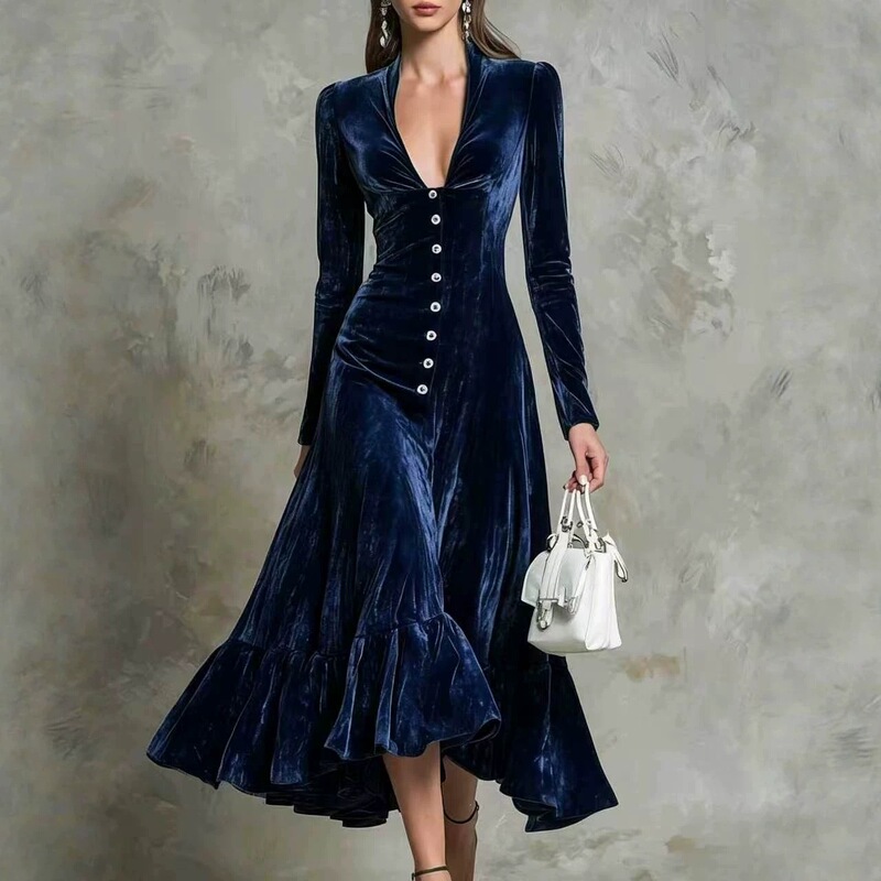 2026 New European and American Style Amazon Elegant Solid Color Buttoned Collar Long Sleeve Waist-Cinching Design Long Dress 2026 New European and American Style Amazon Elegant Solid Color Buttoned Collar Long Sleeve Waist-Cinching Design Long Dress