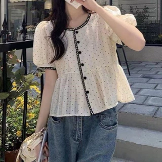 夏季甜美设计感上衣女大码遮肚子宽松波点小香风短袖衬衫