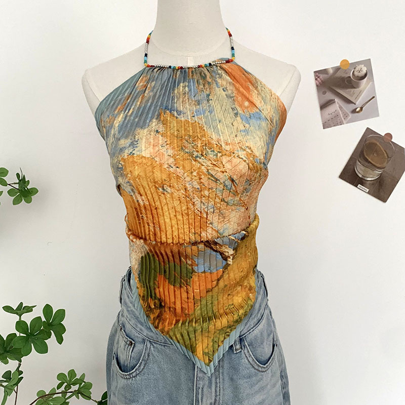 Pañuelo de seda plisado, sentido de alta calidad, uso de verano, pintura al óleo, chaleco corto, diseño de nicho para mujer, top de tubo, cabestrillo pequeño