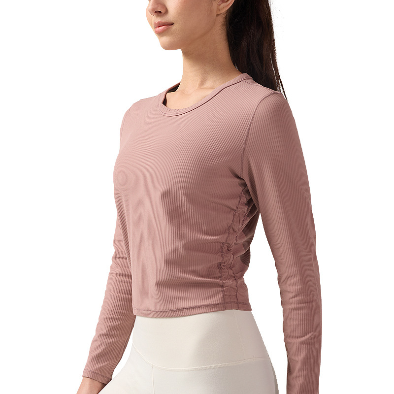 Lulu ropa de yoga de manga larga acanalada de alta elasticidad, pliegues femeninos, camiseta de fitness delgada, sudadera transpirable, top casual