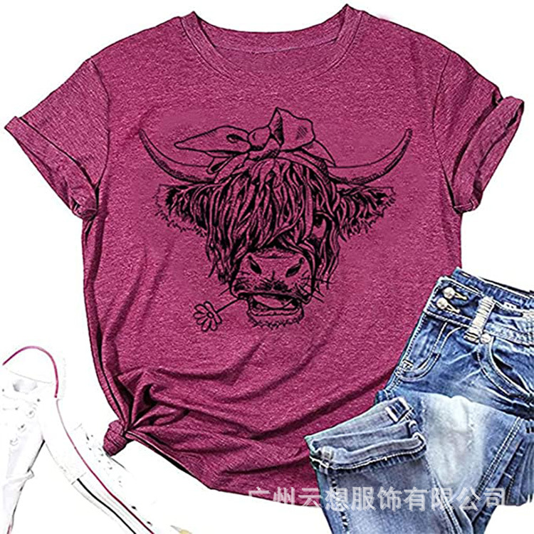 亚马逊爆款有趣的动物牛图形印花/扎染休闲短袖女式T恤农场上衣详情12