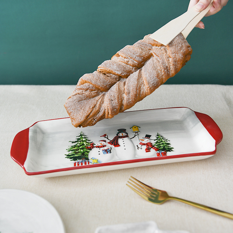 País nórdico Navidad muñeco de nieve placa de cerámica plato de pescado vajilla hogar plato largo plato de alivio placa plana de cerámica occidental