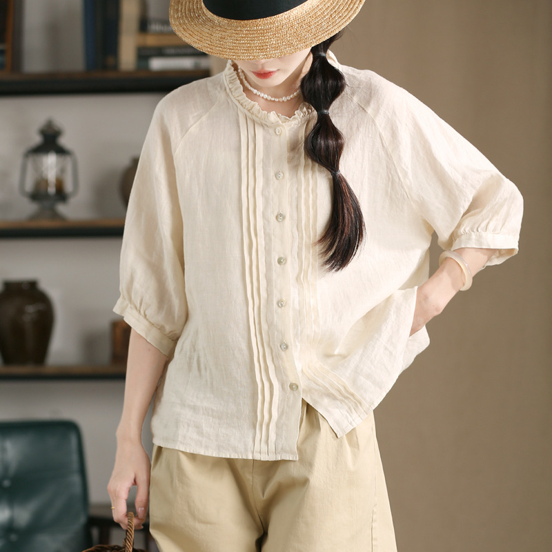 GJCP 100% Linen Llace Collar Top Niche Artistic French Organ Pleated Half Sleeve Cool Summer Shirt