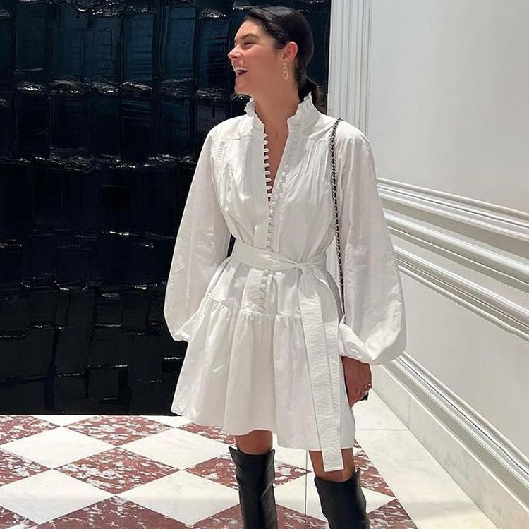 New Cotton French Style Elegant Long-Sleeved dress Women's Lotus Collar Pleated Design Sense Single-breasted Strap A- Line Skirt