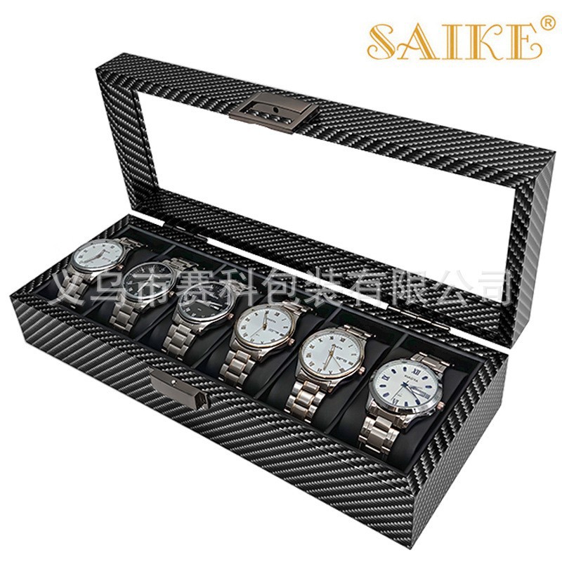 现货批发碳纤纹木质6位手表收纳展示盒6只装腕表收藏陈列盒子厂