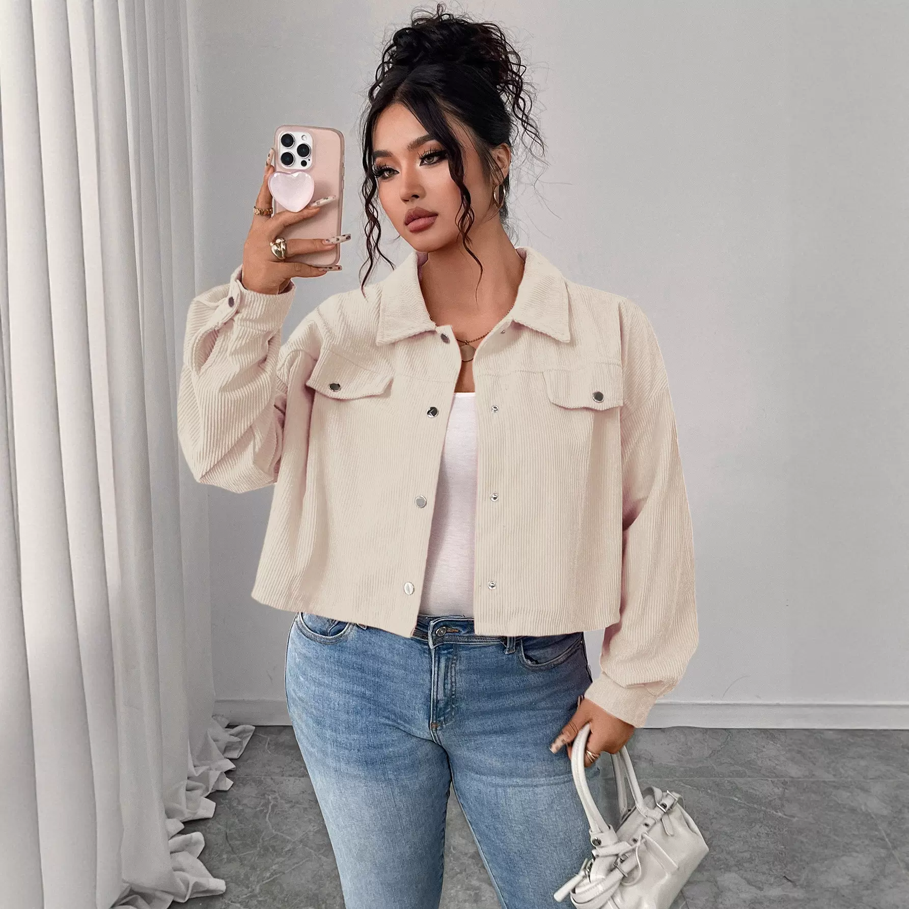 亚马逊2025欧美秋冬休闲翻领灯芯绒夹克灯笼袖单排扣短外套女装