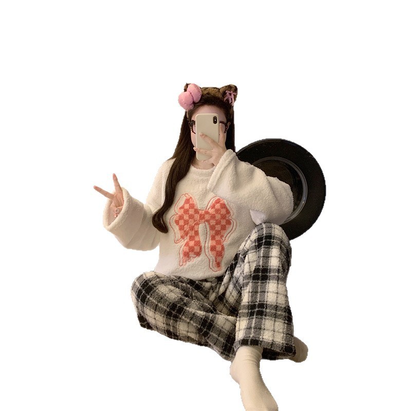 甜美可爱大眼睛软绵绵睡衣女秋冬季加厚保暖半边绒家居服休闲套装|undefined