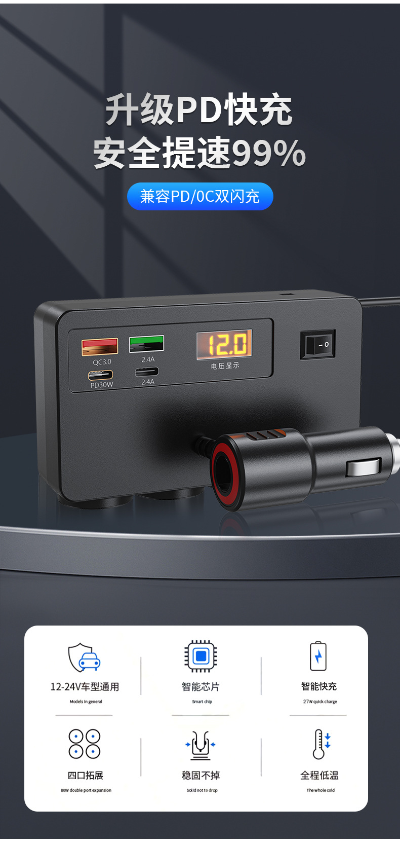 2026 New Model Car Charger Cigarette Lighter Adapter 1-to-4 12V/24V Universal for Cars and Trucks with Voltage Display