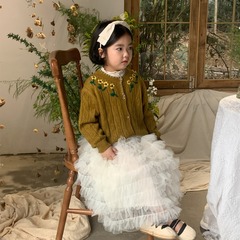 童毛衣2024春季新品韓版ins風女童繡花針織開衫兒童鏤空花紋外套