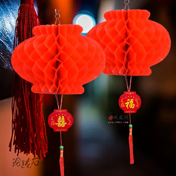 Small Lanterns, Waterproof Honeycomb Folding Plastic Paper Lanterns, Festive Red Lanterns with Fortune Character Decorations