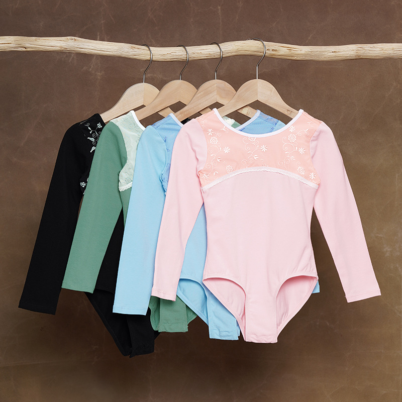 Traje de baile para niños Traje de entrenamiento de manga larga de otoño para mujer Traje de ballet de red suave bordado Espectáculo de ropa de entrenamiento de gota de agua