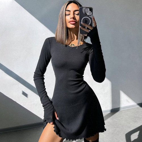 European and American style women's clothing autumn and winter fashionable simple solid color back strap waist dress