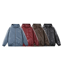 儒孟冬季潮牌三条杠拼接字母设计感日系PU皮连帽棉服男女加厚棉衣