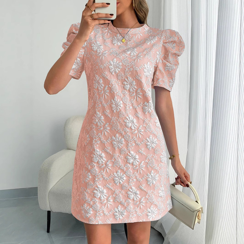 2025 European and American Cross-Border Summer New Women's Puff Sleeve Texture Jacquard Round Neck Retro Style Dress in Stock