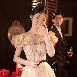 敬酒服礼服2025新款订婚连衣裙新娘晚礼服一字肩平时可穿宴会礼服