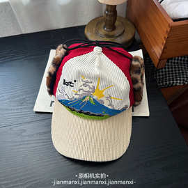 灯芯绒刺绣拼色雷锋帽男女韩版韩国潮装饰搭配网红ins护耳帽批发