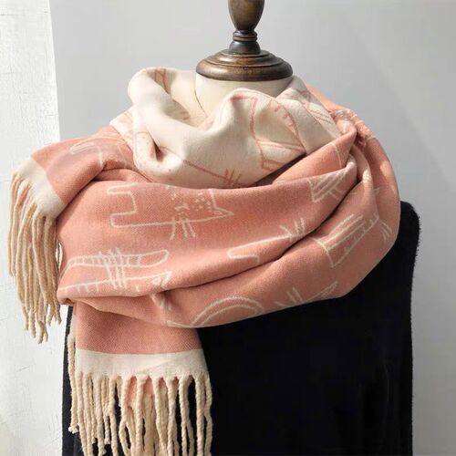  New Thick Tassel Scarf Women's Cat Print Imitation Cashmere Shawl Autumn and Winter Warm Scarf