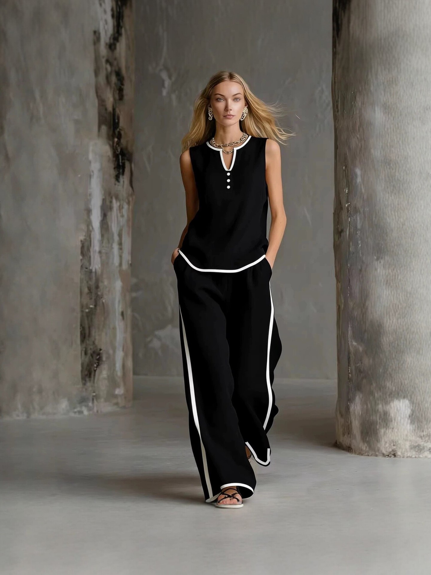 Summer Women's Sleeveless V Neck Color Block Wide Leg Pants Set Style Casual Fashion Solid Two Piece_ecoleips.com