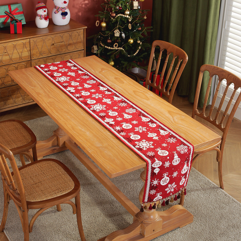 Drapeau de table de noël en jacquard teint en fil, flocon de neige, chapeau de noël, nappe à pampilles, décoration, couverture de drapeau de chevet_voghion.com