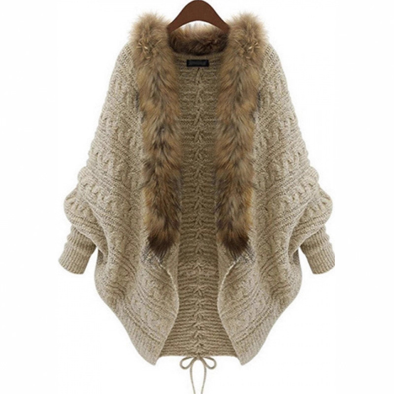 2026 New European and American Style Women's Loose Versatile Fur Collar Sweater Batwing Knit Cardigan Jacket Trendy