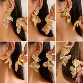 欧美跨境复古冷淡风树叶耳钉女 时尚设计感金属花朵耳环earrings