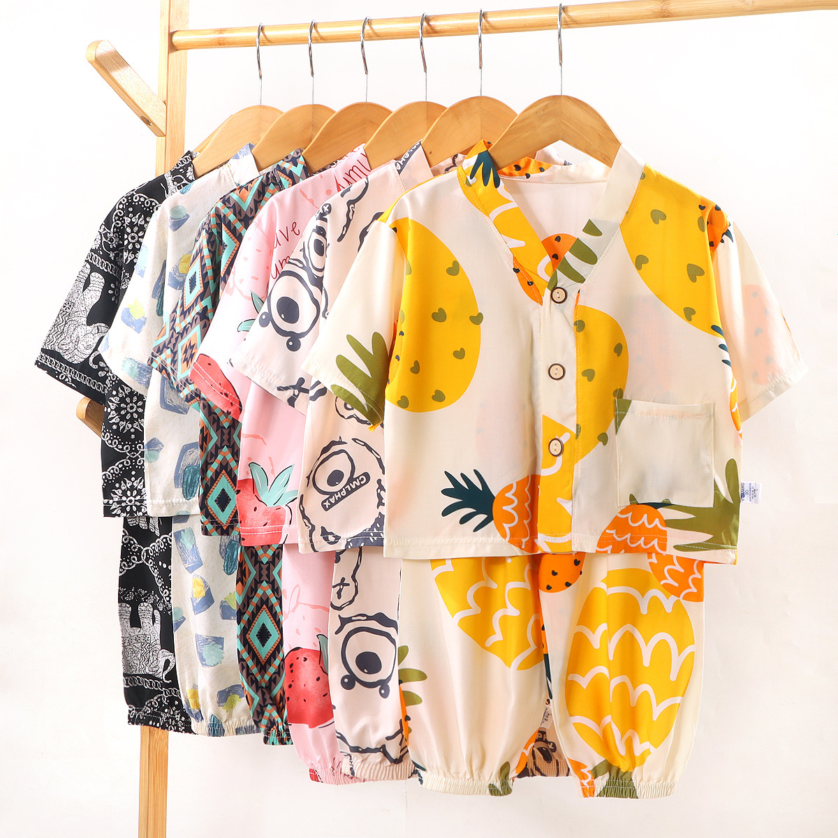 儿童绵绸睡衣套装夏季人造棉空调服男女童棉绸家居服两件套童装