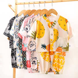 儿童绵绸睡衣套装夏季人造棉空调服男女童棉绸家居服两件套童装