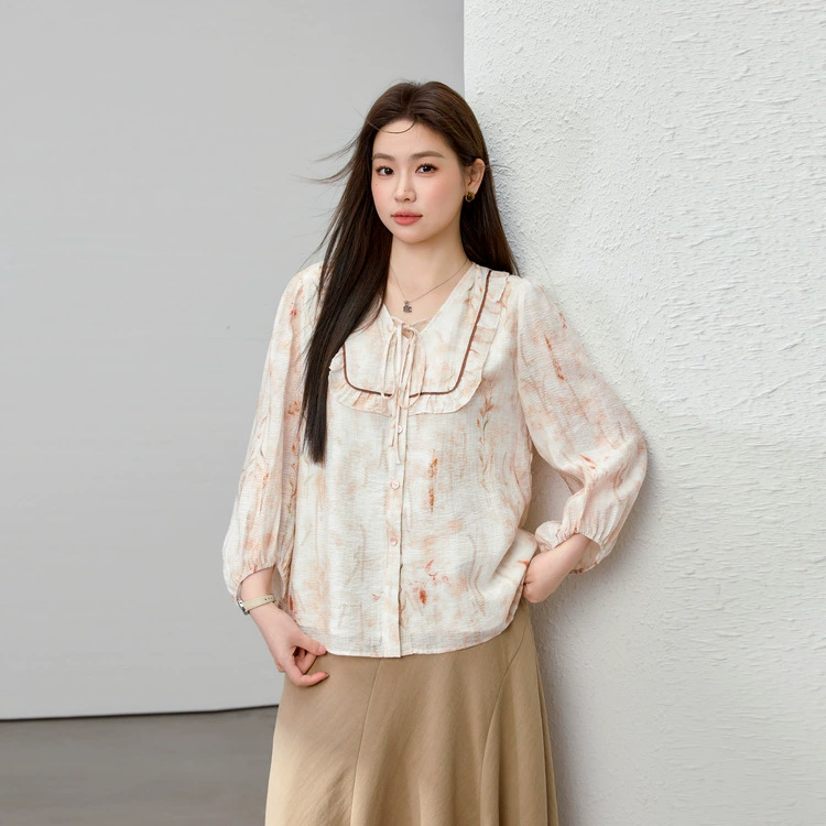 [Элегантная рубашка с v-образным вырезом и текстурированным принтом для перерыва на чай] Тонкая и красивая женская рубашка больших размеров, весна 2025, новый стиль