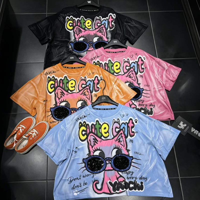 Cross-Border American-Style Cartoon Cat Print Sequin Washed Short-Sleeve T-Shirt for Women, New Summer Style, Loose and Versatile Cute Top