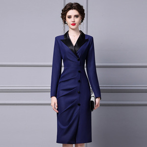 Mid length Pleated Slim Hip Wrap Skirt with Suit Collar