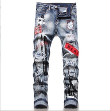 欧美风格新款破洞贴布磨白男士修身微弹牛仔裤 油漆喷溅男裤