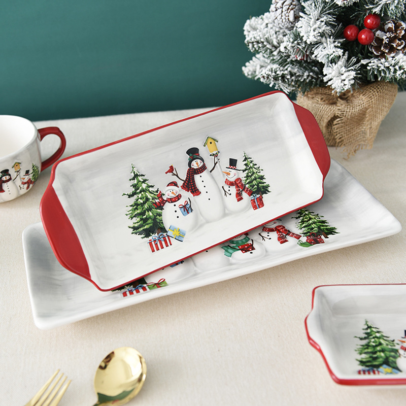 País nórdico Navidad muñeco de nieve placa de cerámica plato de pescado vajilla hogar plato largo plato de alivio placa plana de cerámica occidental