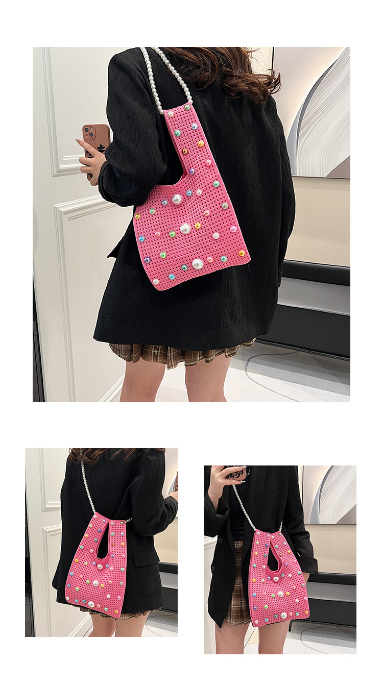 202g Weight Women's Medium Knit Solid Color Cute Pearls Open Straw Bag