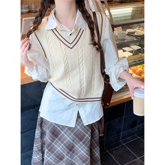 ツイストニットベストレディーストレンディファッション2025秋冬カレッジスタイルカラーブロックVネックレイヤードセーターベスト