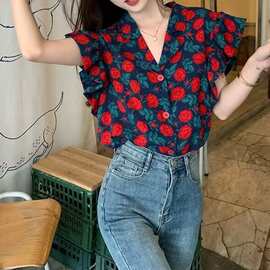 2023夏季新款西装领港风花衬衫女复古宽松气质荷叶边小飞袖上衣夏