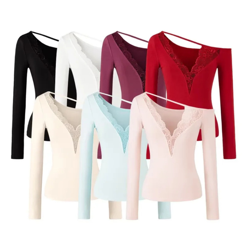 V-Neck Asymmetrical Shoulder Long-Sleeve T-Shirt for Women, 2026 Summer New American Style Spicy Girl Solid Color Lace Patchwork Inner Layer Top