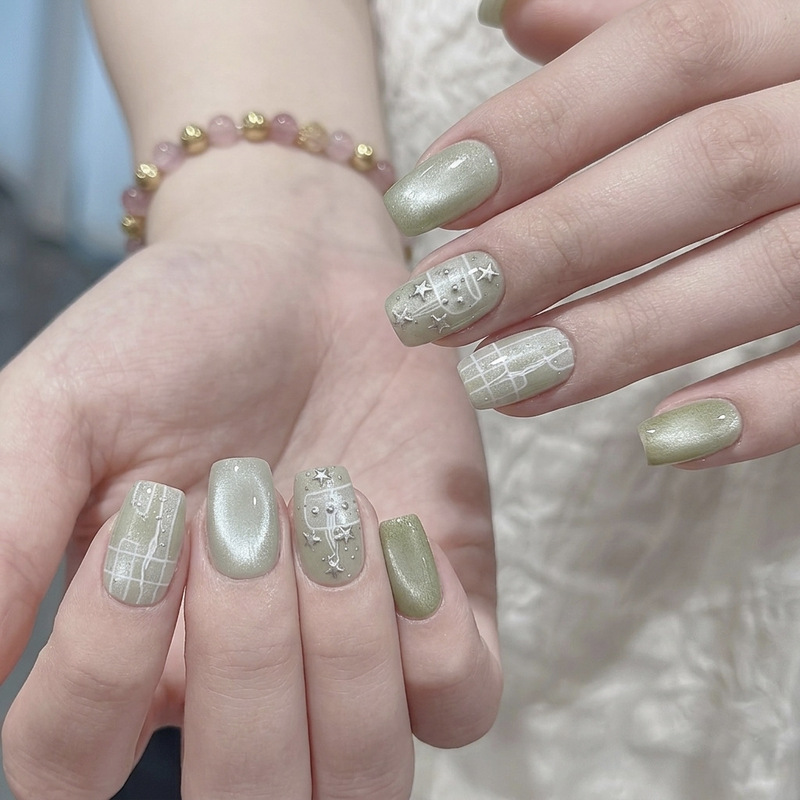 Light green cat-eye star pattern press-on nails, fresh and simple manicure, detachable finished nail pieces, factory direct supply