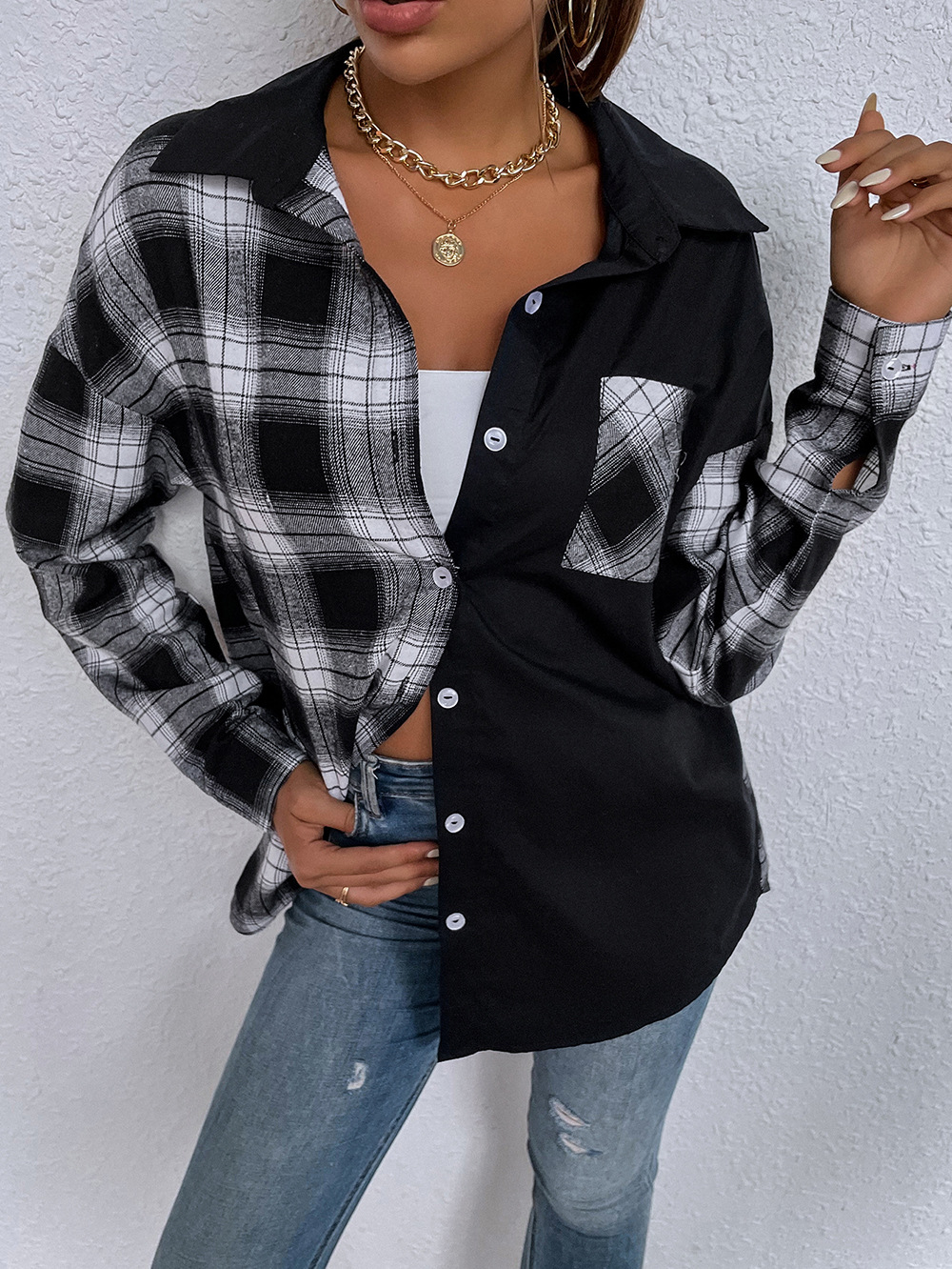 women s black and white plaid single-breasted loose long-sleeved shirt nihaostyles clothing wholesale NSDF73712