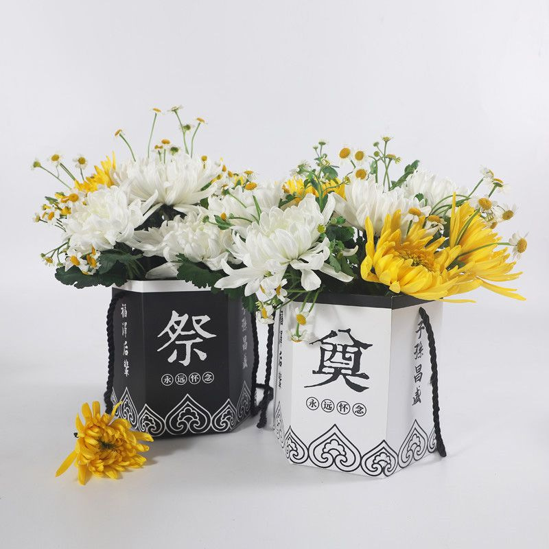 Caja de regalo del Día de Qingming de barrido de la tumba de sacrificio de flores negras canasta floral al por mayor crisantemo caja de embalaje hexagonal impermeable
