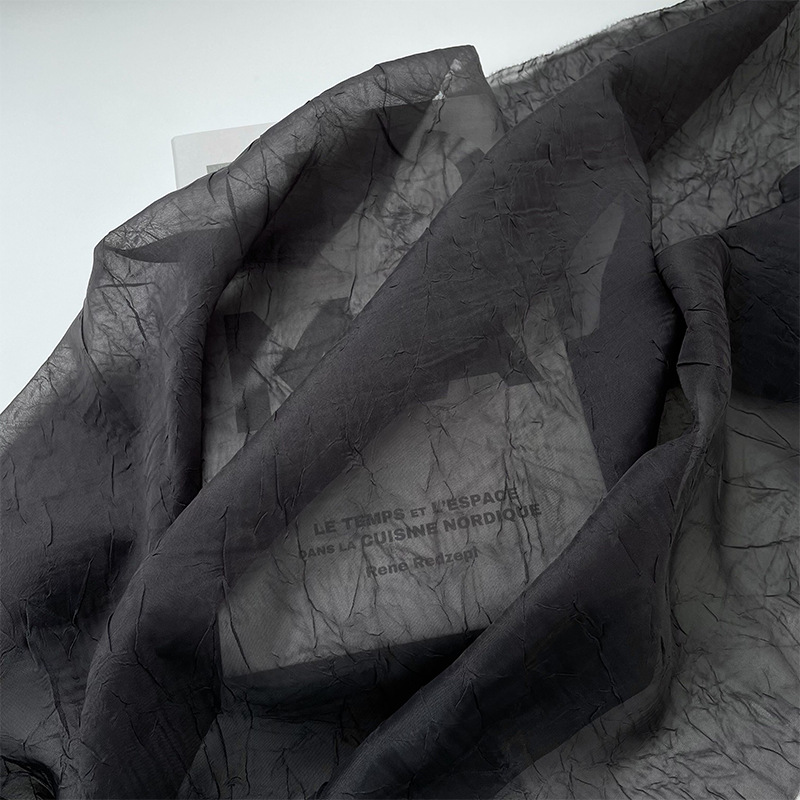 纯色半透黑灰色不规则肌理褶皱雪纺欧根纱布料汉服设计面料