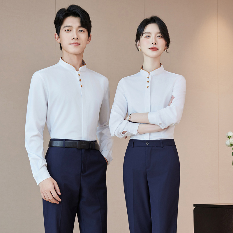 White Long-Sleeved Hotel Work Clothes Professional Shirts Hot Pot Tea House Catering Service Staff Uniforms