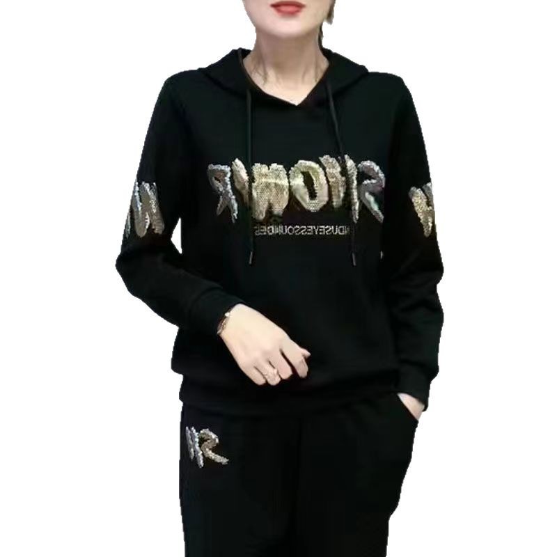 Conjunto moderno de moletom com capuz e calça jogger para mulheres – Confortável e estiloso (Preto/Azul-marinho/Amarelo)_voghion.com