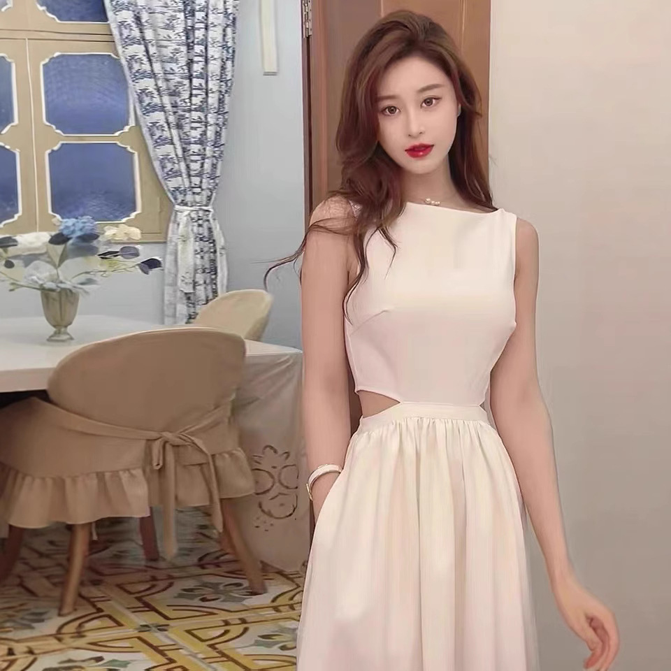 Váy liền không tay trắng FL222236 dáng dài hở eo phong cách Hồng Kông mùa hè — màu trắng