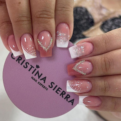 Simple French gentle girl wearing nail glitter powder with pile of diamonds and sparkling ins style fake nails 24 pieces in a box