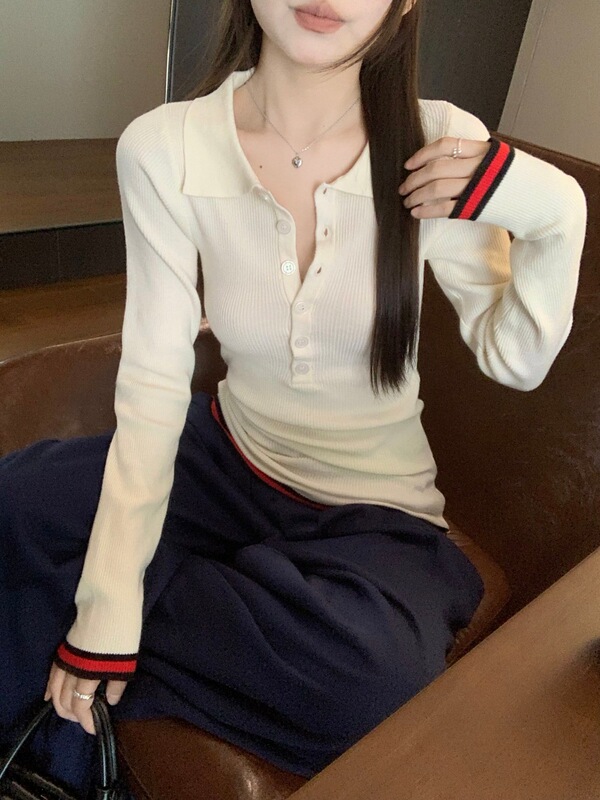 秋冬新款设计感修身显瘦长袖上衣美式复古撞色条纹Polo领纯欲上衣|undefined