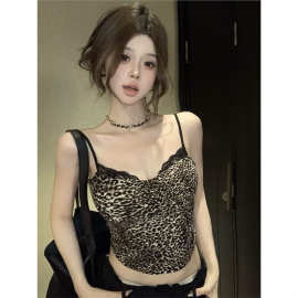 美式复古豹纹蕾丝吊带背心女2025夏季新款无袖外穿上衣