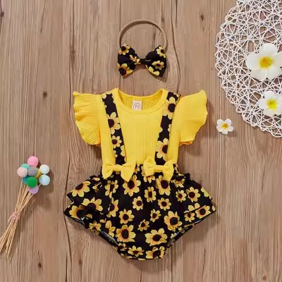 Cross-border European and American-style short-sleeve clothing for kids: Girls' onesies, toddler crawling suits, summer baby sling rompers with pants